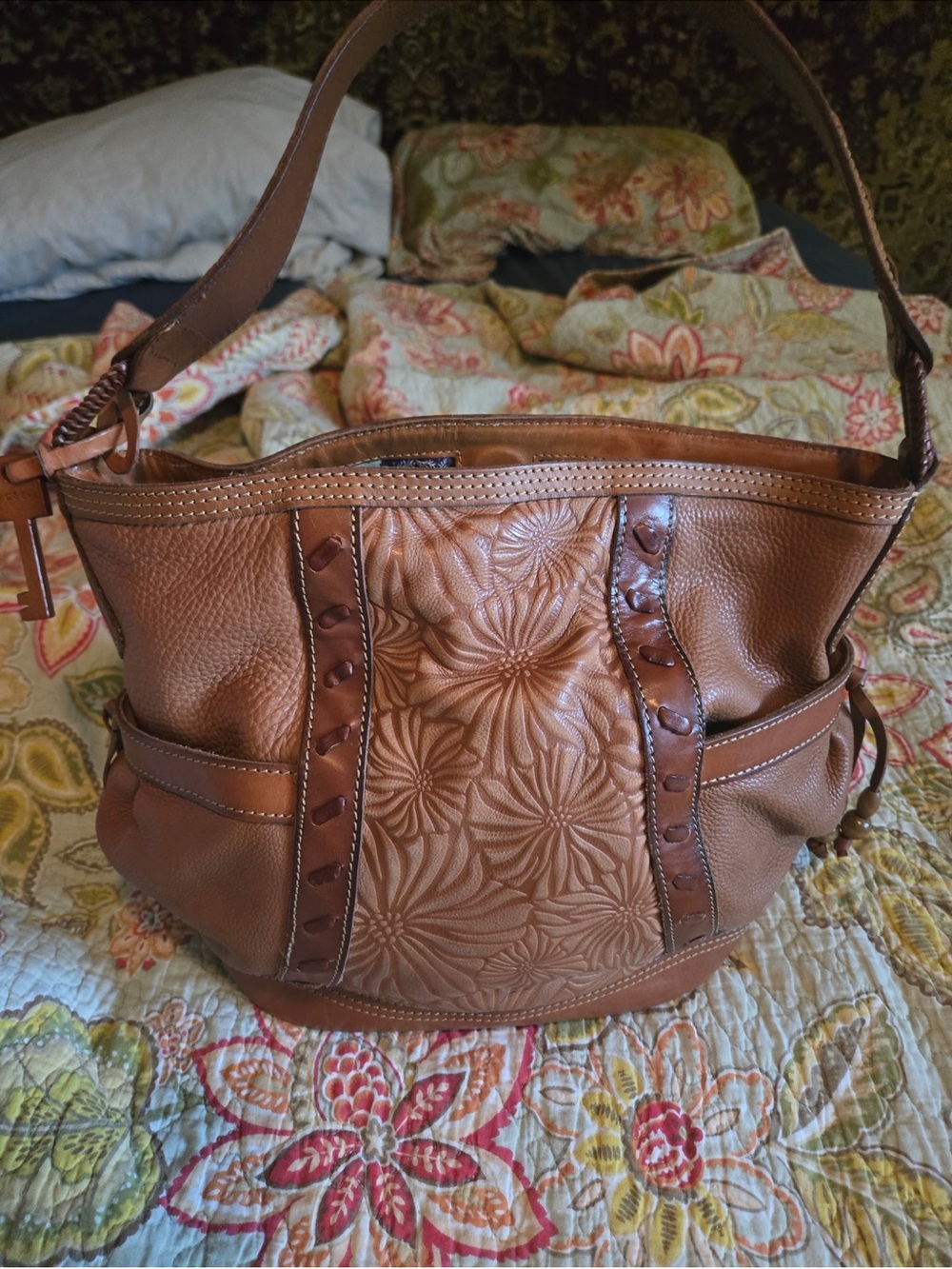 Fossil Cognac Brown Floral-Embossed Leather Shoulder Bag